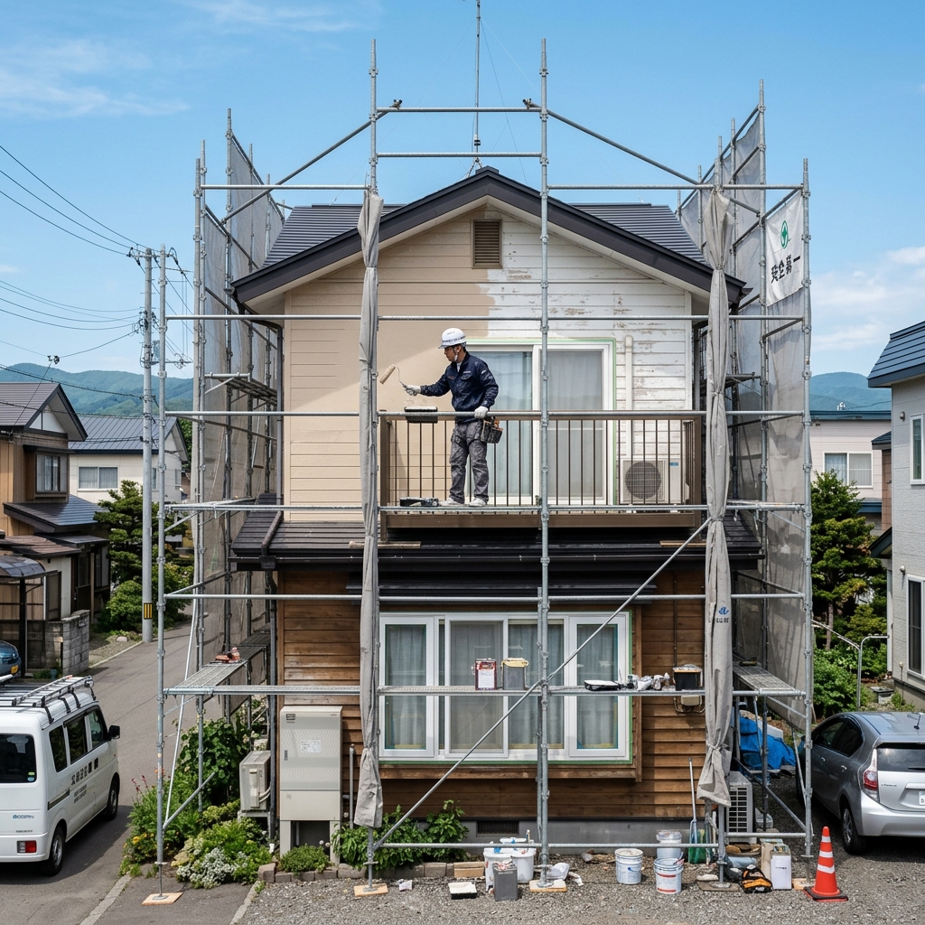 札幌の青空の下、足場が組まれた一戸建て住宅で外壁塗装を行う職人