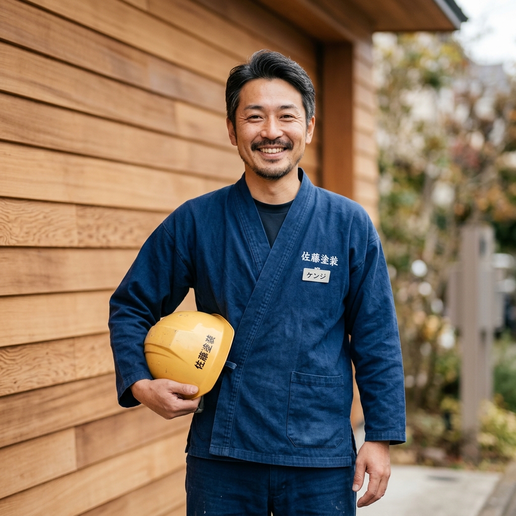 ヘルメットを脇に抱え、作務衣風の作業着を着て温かく微笑む、30代後半のベテラン塗装職人