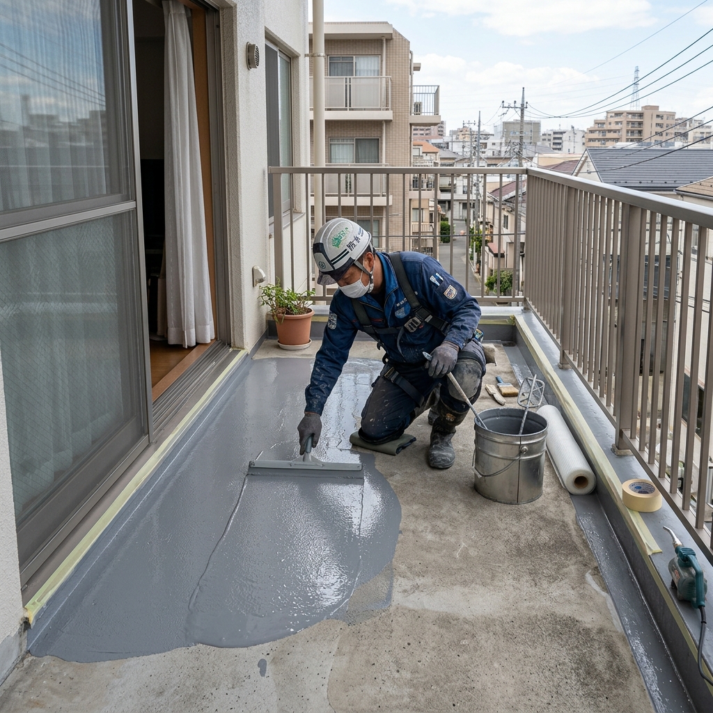 マンションや戸建てのバルコニーで、グレーの液体ウレタン防水塗料を専用ベラで平らにならす防水職人の施工風景